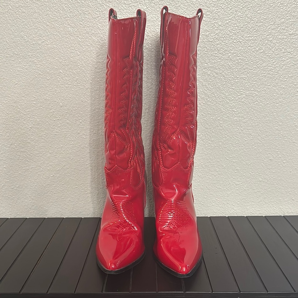 Glossy Red Heeled Cowboy Style Boots with Pointed Toe and High Thin Heel